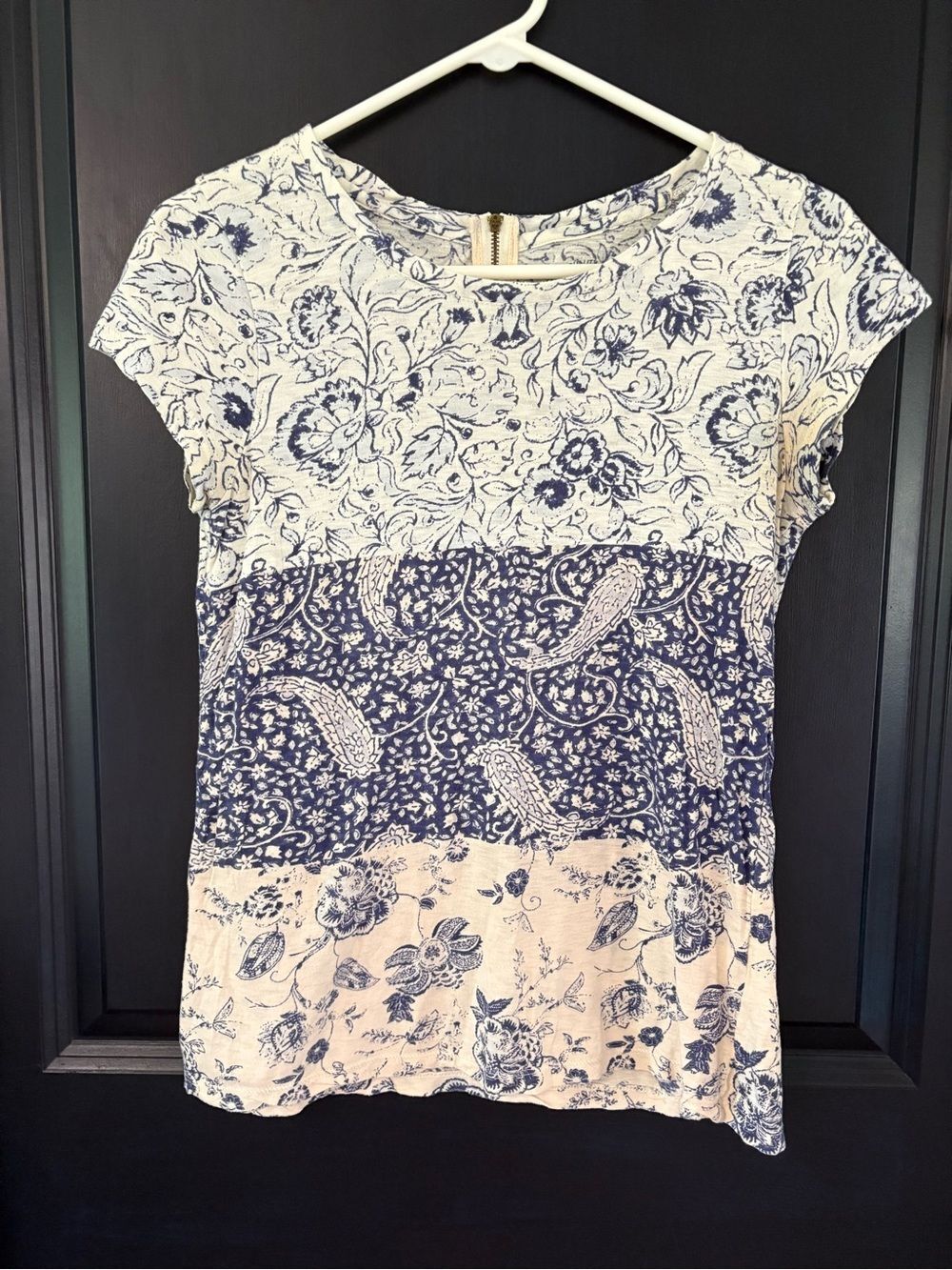 Lucky Brand Navy and Cream Mixed Floral Block Short Sleeve Top